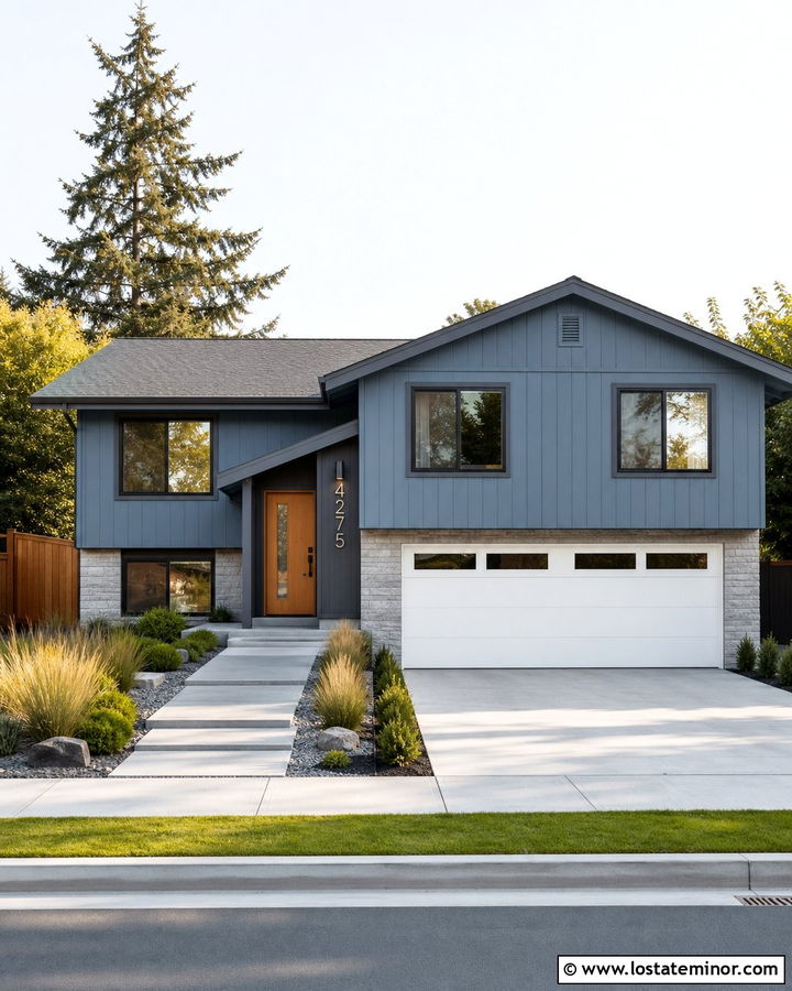Dusty Blue Split Level With Steel House Numbers - 30 Dusty Blue House Design With House Numbers Ideas