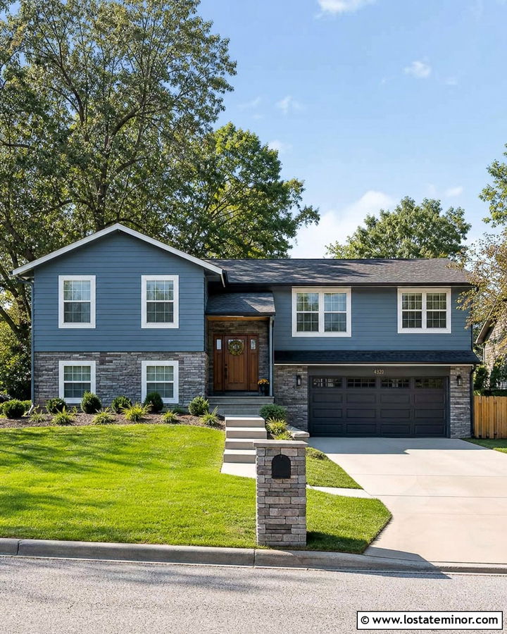Dusty Blue Split Level With Stone Base - 30 Dusty Blue House Design With Stone Accents Ideas