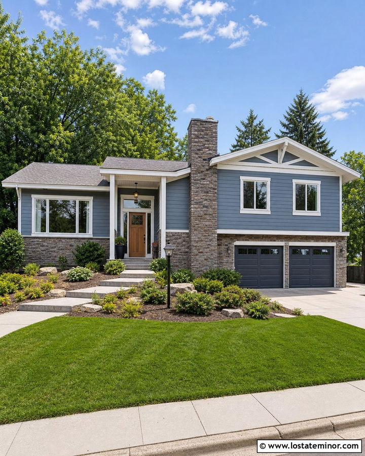 Dusty Blue Split Level With Stone Chimney - 30 Dusty Blue House Design With Chimney Ideas