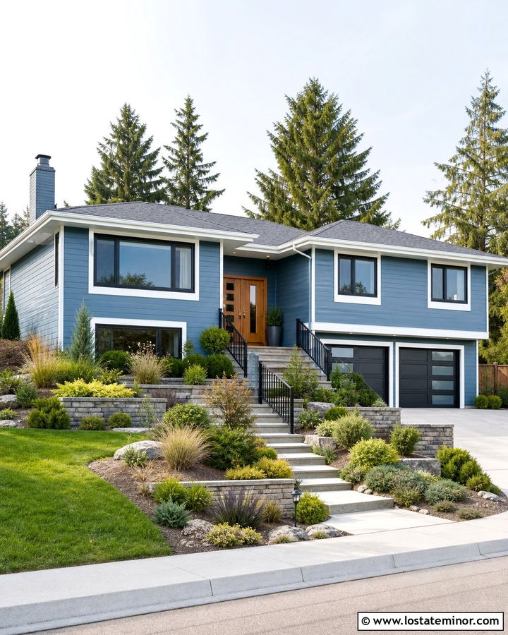 Dusty Blue Split Level With Terraced Front Yard - 30 Dusty Blue House Design With Front Yard Ideas