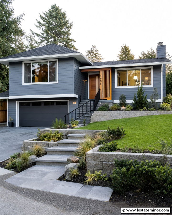 Dusty Blue Split Level With Tiered Stone Walkway - 30 Dusty Blue House Design With Walkway Ideas