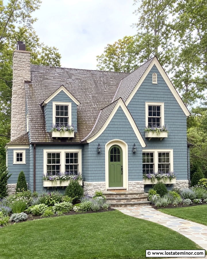 Dusty Blue Stone Cottage With Cream Window Boxes - 30 Dusty Blue House Design With Window Boxes Ideas