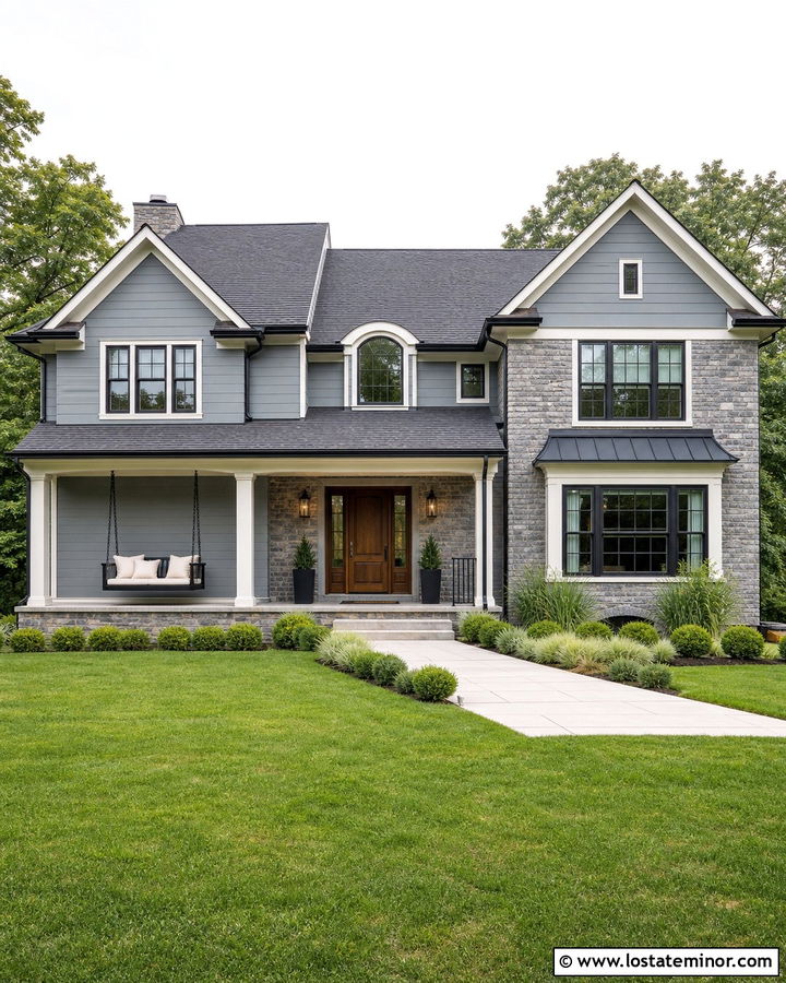 Dusty Blue Stone House With Black Swing - 30 Dusty Blue House Design With Swing Ideas