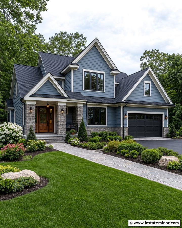 Dusty Blue Stone House With Charcoal Window Frames - 30 Dusty Blue House Design With Window Frames Ideas