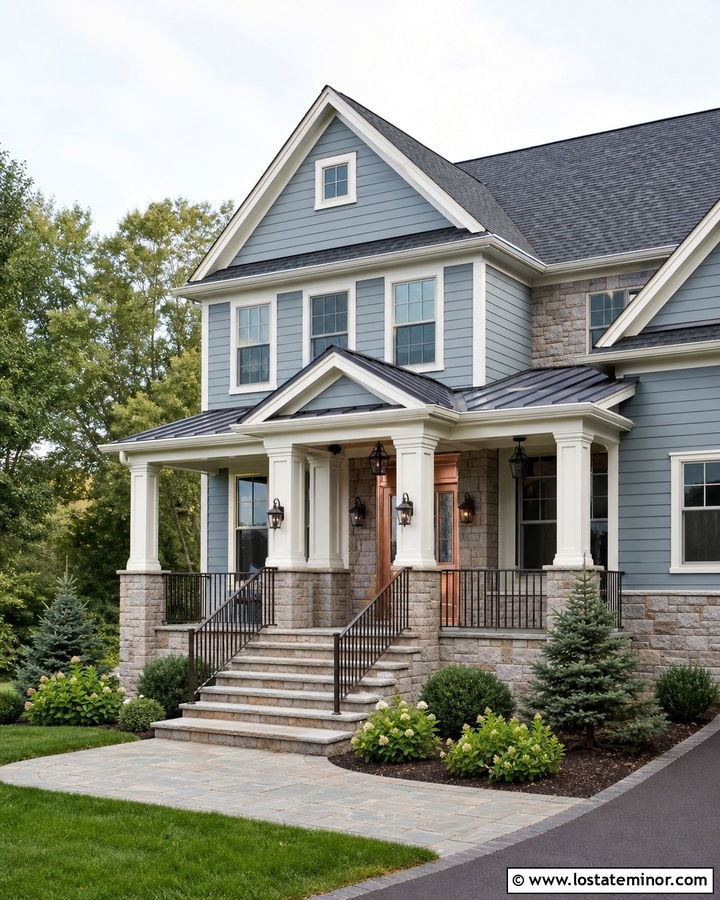 Dusty Blue Stone House With Copper Door - 30 Dusty Blue House Design With Entry Door Ideas