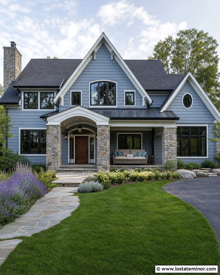 Dusty Blue Stone House With Upholstered Daybed - 30 Dusty Blue House Design With Daybed Ideas
