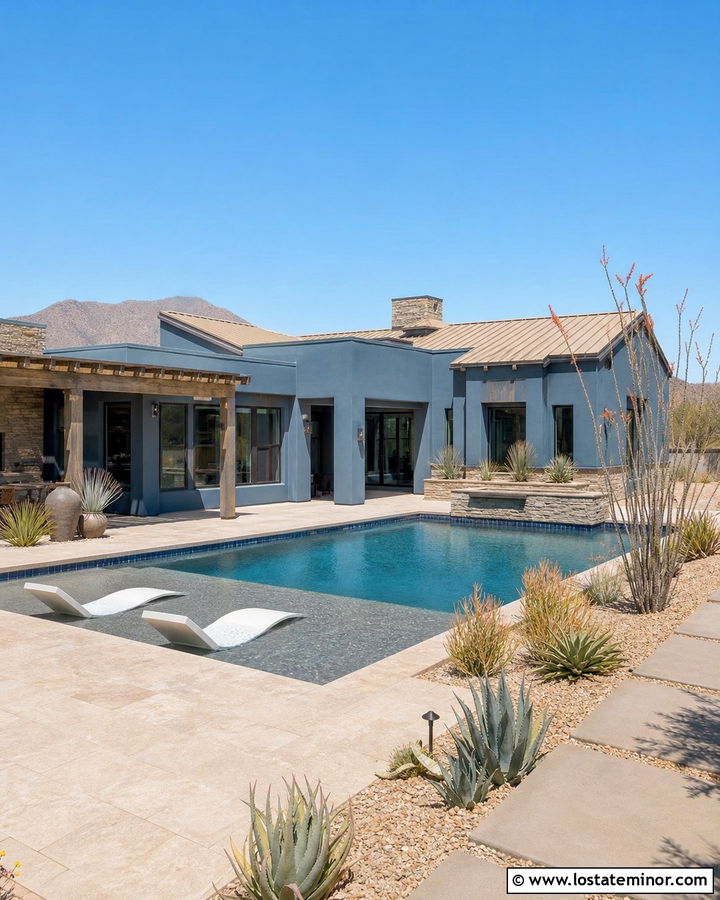 Dusty Blue Stucco House With Desert Pool - 30 Dusty Blue House Design With Swimming Pool Ideas