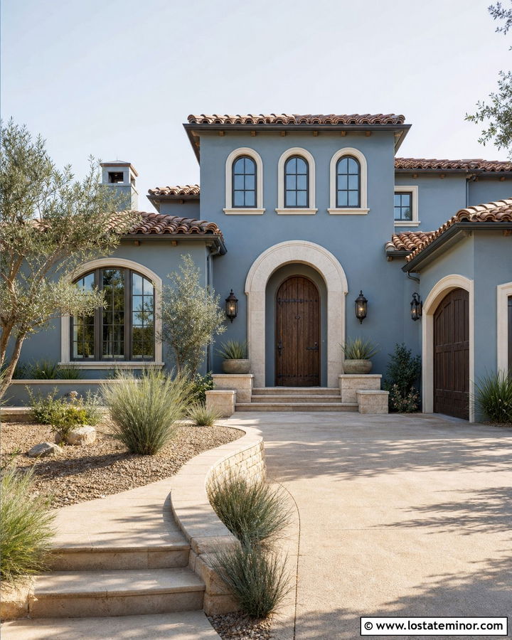 Dusty Blue Stucco House With Terracotta Roof - 30 Dusty Blue House Design With Accents Ideas