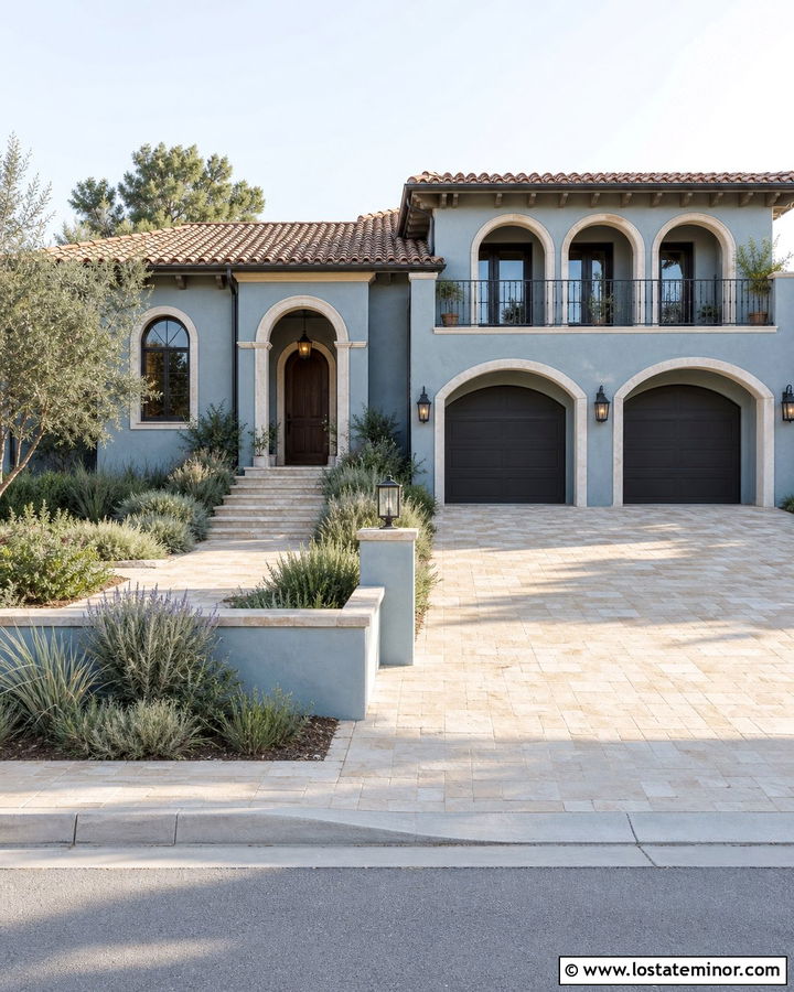 Dusty Blue Stucco House With Travertine Driveway - 30 Dusty Blue House Design With Driveway Ideas