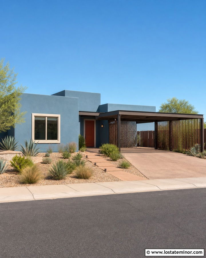 Dusty Blue Stucco House With Wood Slat Carport - 30 Dusty Blue House Design With Carport Ideas