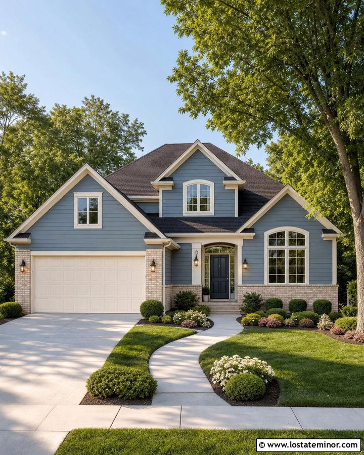Dusty Blue Suburban House With Beige Brick Wainscoting - 30 Dusty Blue House Design With Wainscoting Ideas