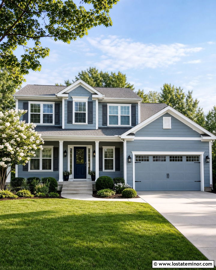 Dusty Blue Suburban House With Dark Gray Shutters - 30 Dusty Blue House Design With Shutters Ideas