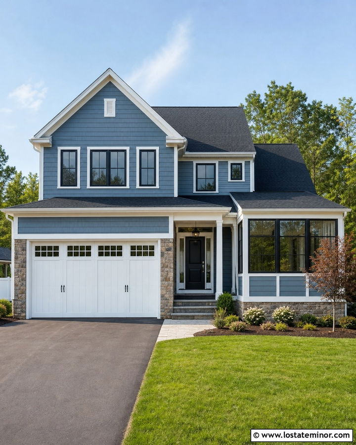 Dusty Blue Suburban House With Garage Sunroom - 30 Dusty Blue House Design With Sunroom Ideas