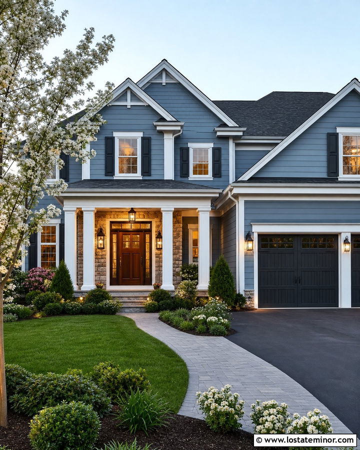 Dusty Blue Suburban House With Oversized Lanterns - 30 Dusty Blue House Design With Light Fixtures Ideas