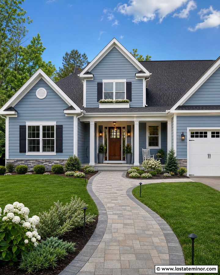 Dusty Blue Suburban House With Walkway Lighting - 30 Dusty Blue House Design With Walkway Ideas