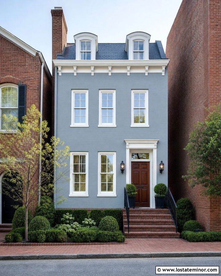 Dusty Blue Townhouse With Mahogany Door - 30 Dusty Blue House Design With Entry Door Ideas