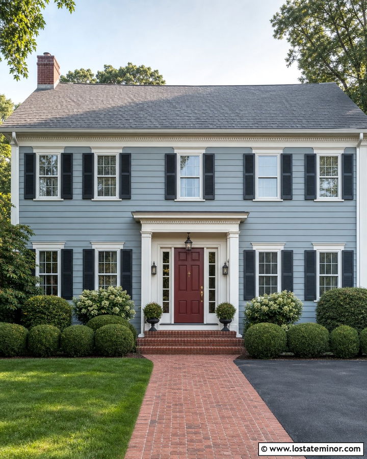 Dusty Blue Traditional House With Cranberry Door - 30 Dusty Blue House Design With Entry Door Ideas
