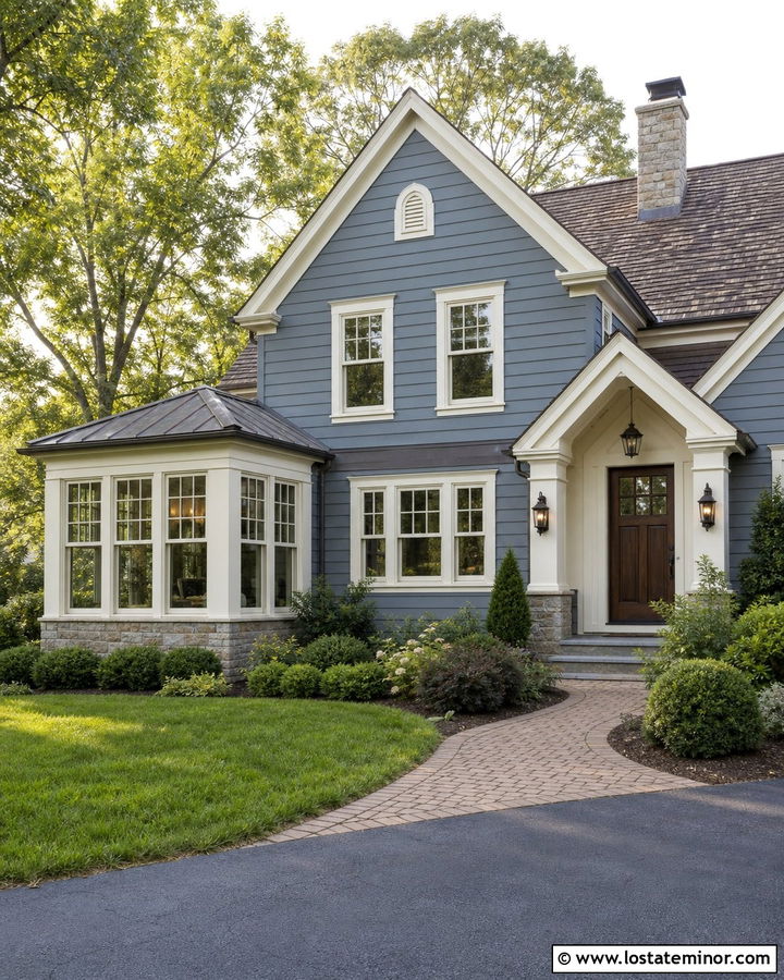 Dusty Blue Traditional House With Cream Sunroom Trim - 30 Dusty Blue House Design With Sunroom Ideas