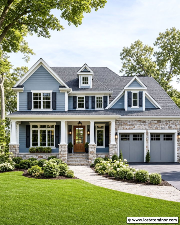 Dusty Blue Traditional House With Mixed Stone Wainscoting - 30 Dusty Blue House Design With Wainscoting Ideas