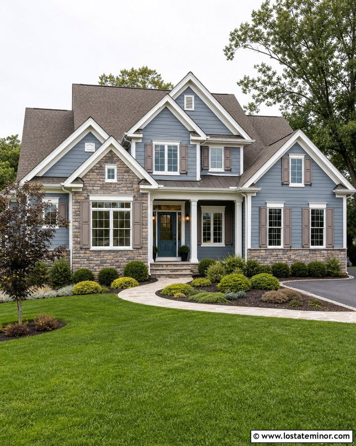 Dusty Blue Traditional House With Taupe Shutters - 30 Dusty Blue House Design With Shutters Ideas