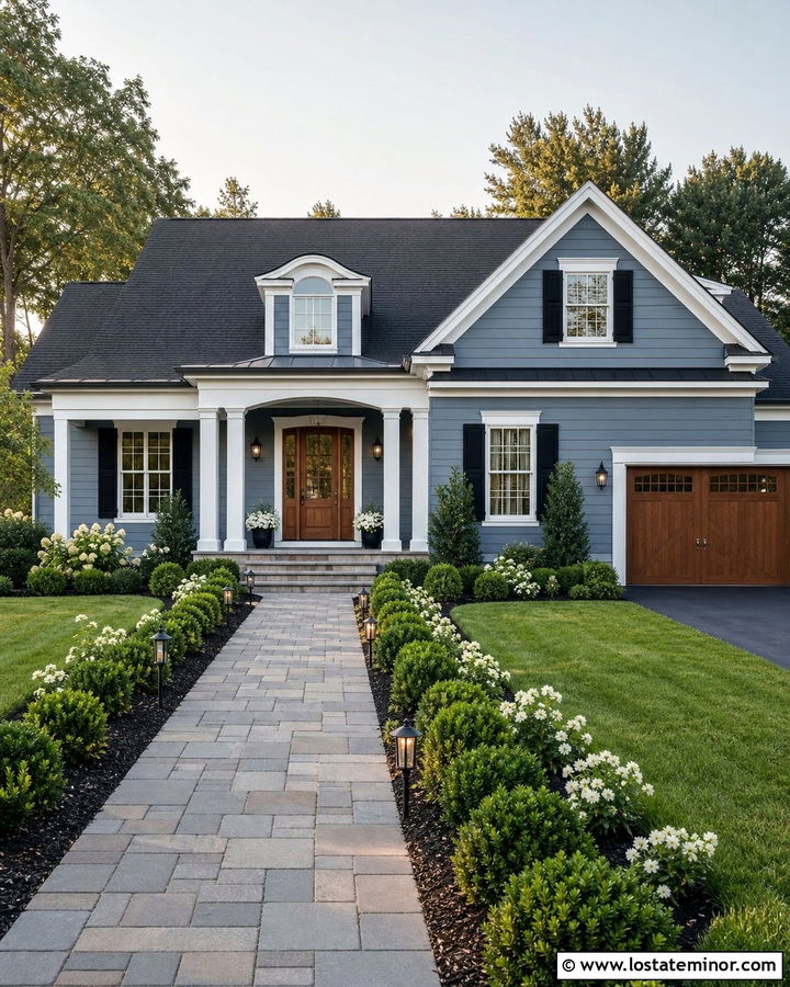 Dusty Blue Traditional House With Wide Paver Walkway - 30 Dusty Blue House Design With Walkway Ideas