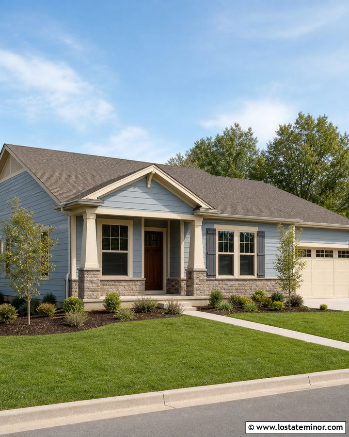 Dusty Blue Traditional Ranch With Cream Window Frames - 30 Dusty Blue House Design With Window Frames Ideas
