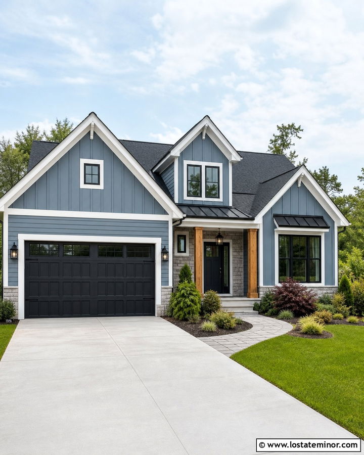 Dusty Blue Transitional House With Black Garage Door - 30 Dusty Blue House Design With Accents Ideas