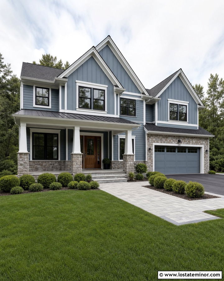 Dusty Blue Transitional House With Mixed Stone - 30 Dusty Blue House Design With Stone Accents Ideas