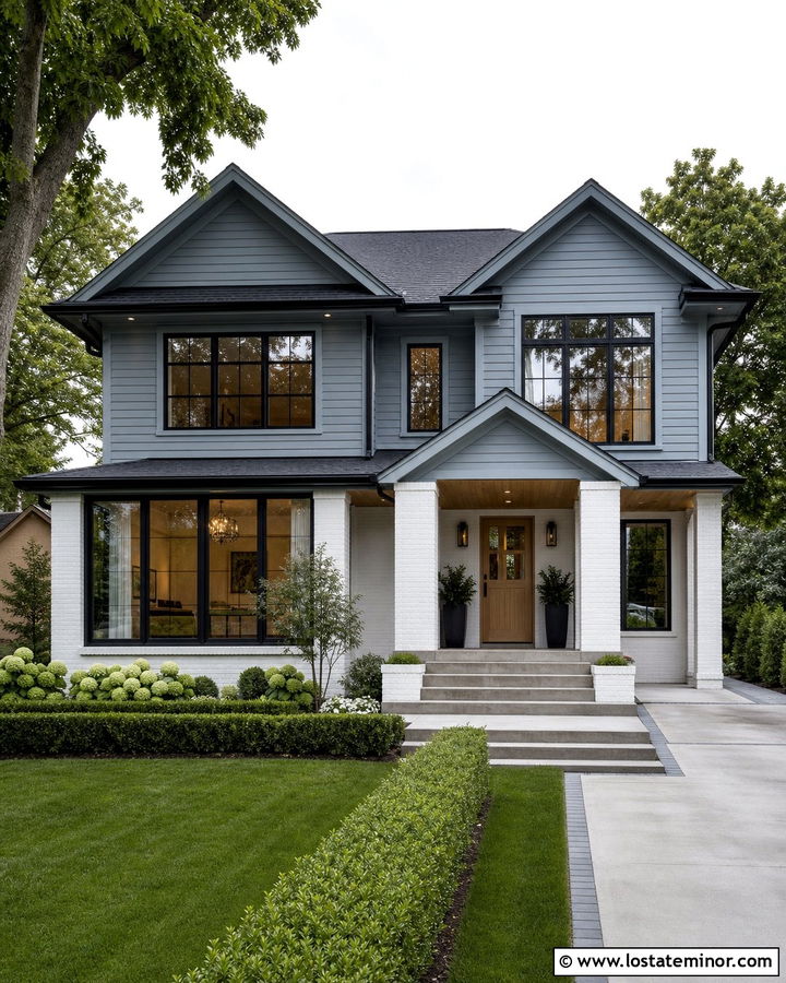 Dusty Blue Transitional House With White Brick Sunroom - 30 Dusty Blue House Design With Sunroom Ideas