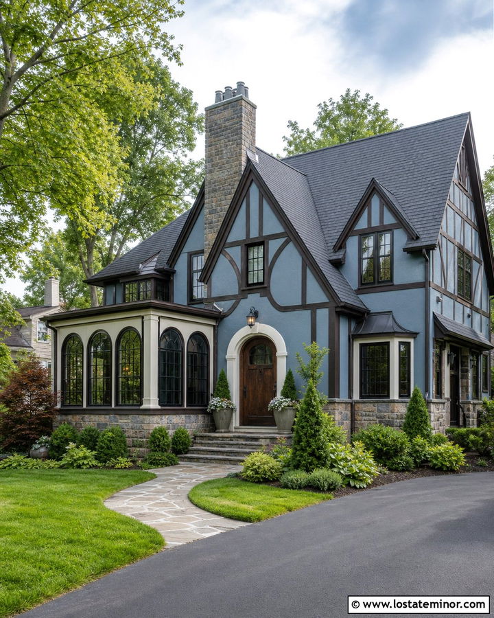 Dusty Blue Tudor House With Arched Sunroom Windows - 30 Dusty Blue House Design With Sunroom Ideas