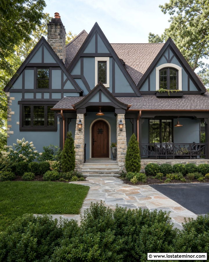 Dusty Blue Tudor House With Bronze Porch - 30 Dusty Blue House Design With Front Porch Ideas