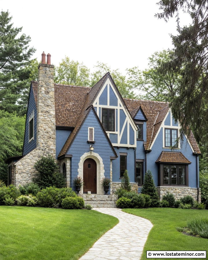 Dusty Blue Tudor House With Cedar Shake - 30 Dusty Blue House Design With Cedar Shake Ideas