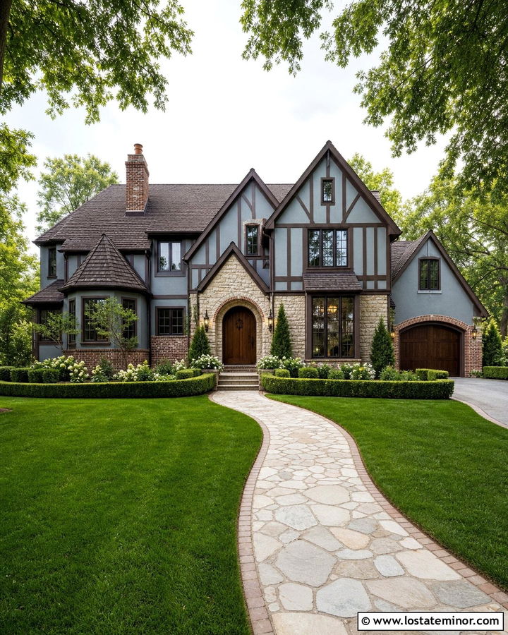 Dusty Blue Tudor House With Cross Gables - 30 Dusty Blue House Design With Gables Ideas