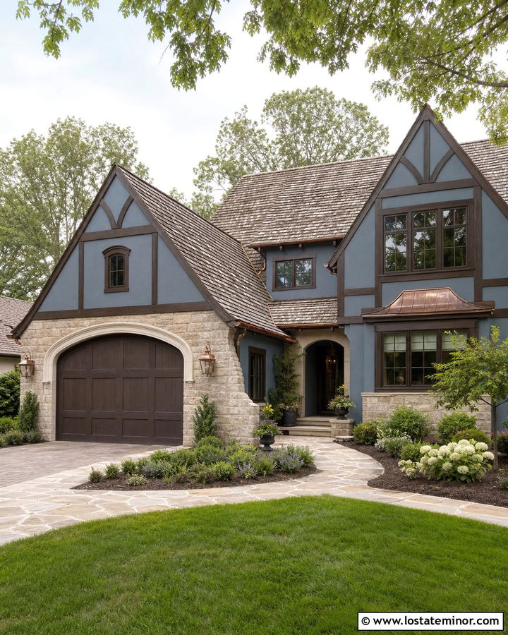 Dusty Blue Tudor House With Dark Brown Garage Door - 30 Dusty Blue House Design With Garage Door Ideas
