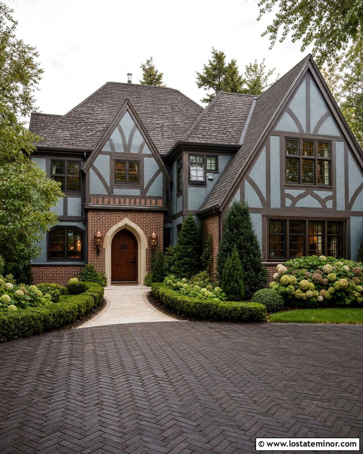 Dusty Blue Tudor House With Dark Paver Driveway - 30 Dusty Blue House Design With Driveway Ideas
