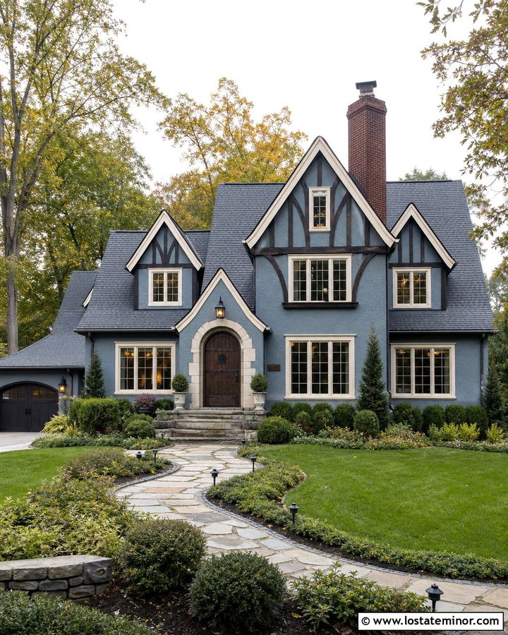 Dusty Blue Tudor House With Dormers - 30 Dusty Blue House Design With Dormers Ideas