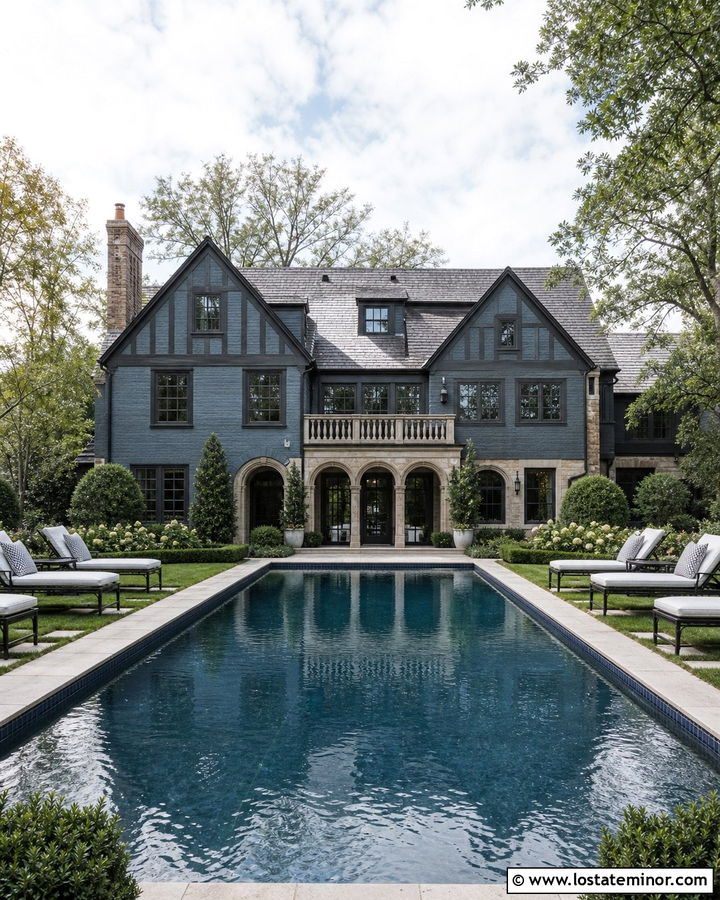 Dusty Blue Tudor House With Formal Pool - 30 Dusty Blue House Design With Swimming Pool Ideas