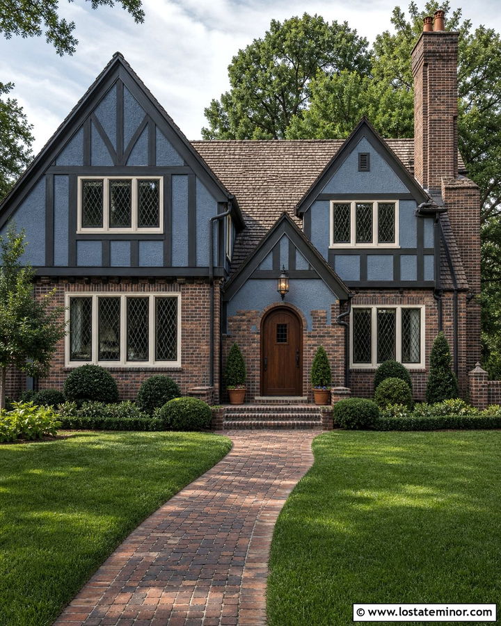 Dusty Blue Tudor House With Mixed Brick - 30 Dusty Blue House Design With Brick Accents Ideas