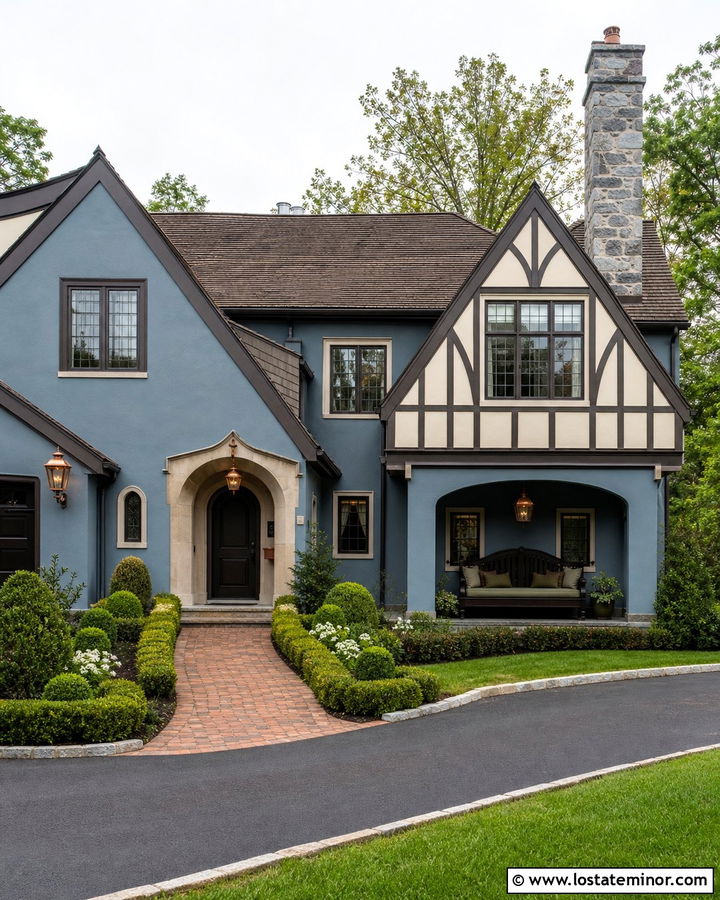 Dusty Blue Tudor With Arched Daybed - 30 Dusty Blue House Design With Daybed Ideas