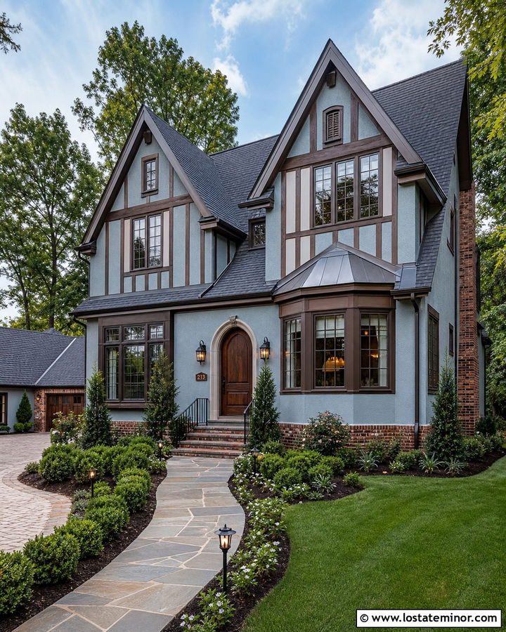 Dusty Blue Tudor With Bronze Lighting - 30 Dusty Blue House Design With Lighting Ideas