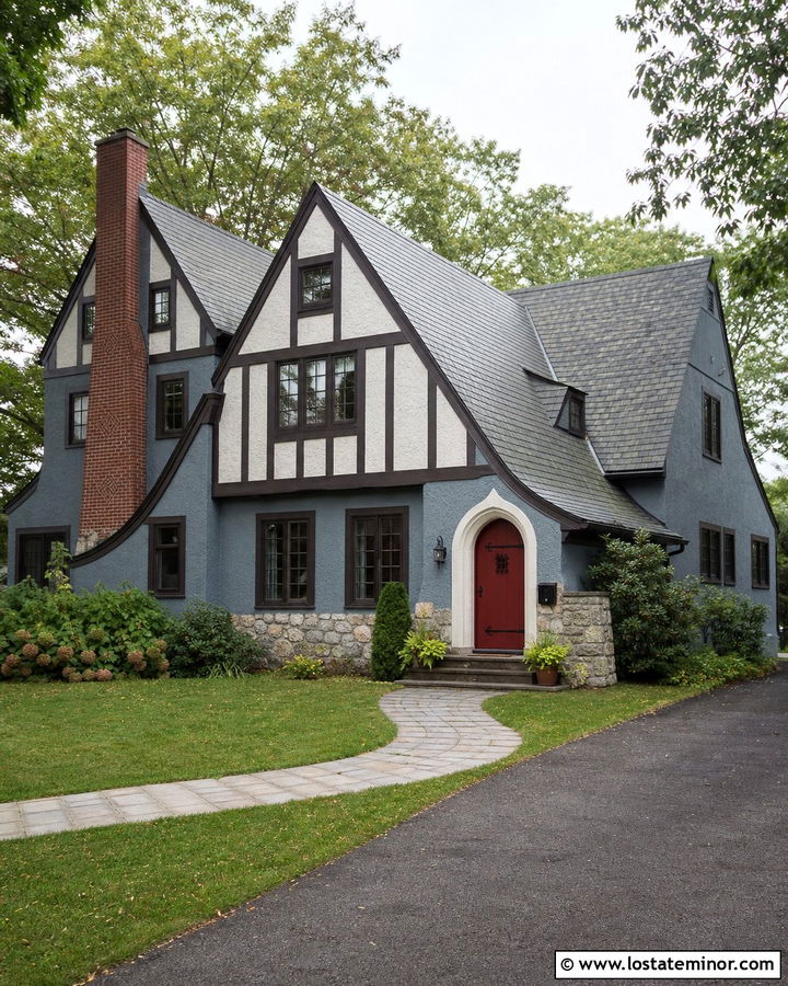 Dusty Blue Tudor With Burgundy Front Door - 30 Dusty Blue House Design With Entry Door Ideas