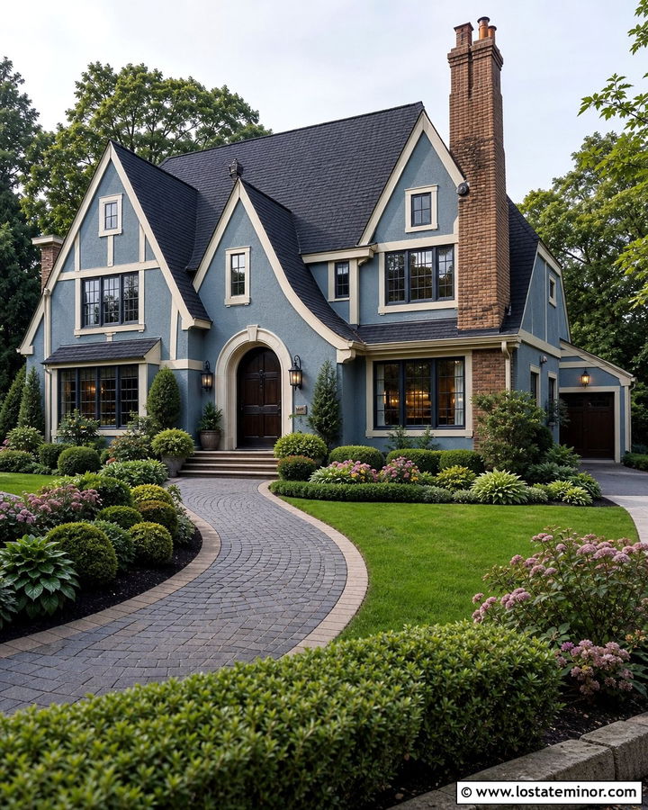 Dusty Blue Tudor With Cobblestone Walkway - 30 Dusty Blue House Design With Walkway Ideas