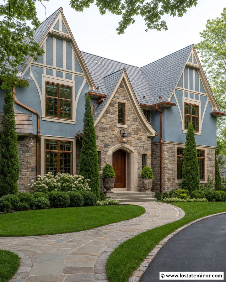 Dusty Blue Tudor With Copper Window Frames - 30 Dusty Blue House Design With Window Frames Ideas