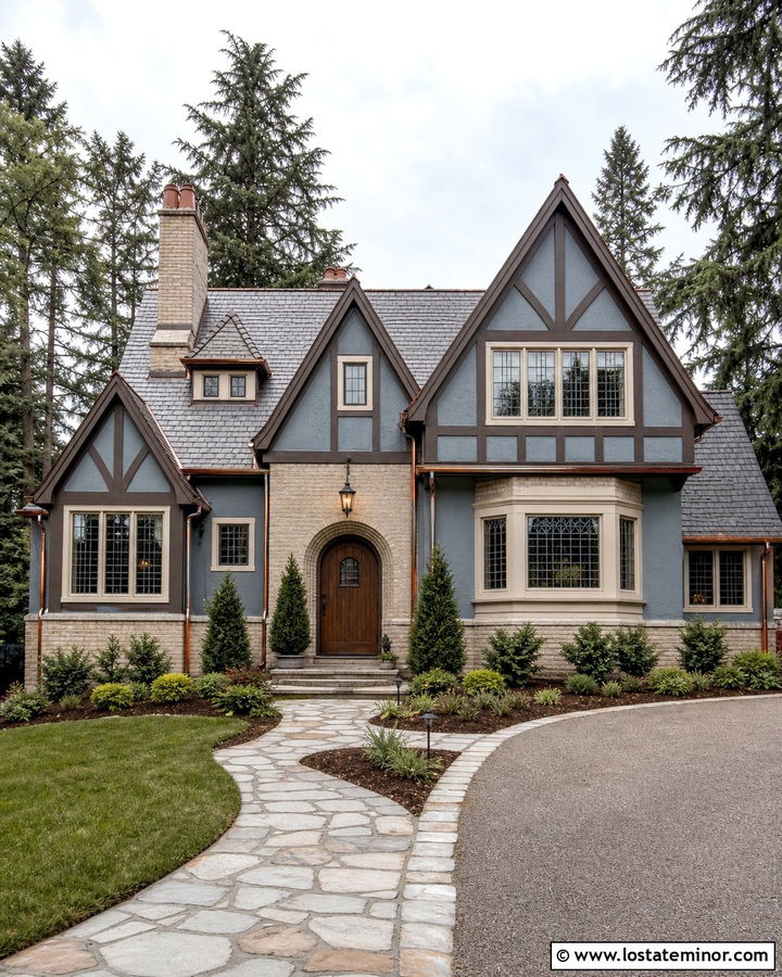 Dusty Blue Tudor With Cream Brick Wainscoting - 30 Dusty Blue House Design With Wainscoting Ideas