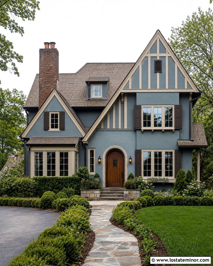 Dusty Blue Tudor With Dark Bronze Shutters - 30 Dusty Blue House Design With Shutters Ideas