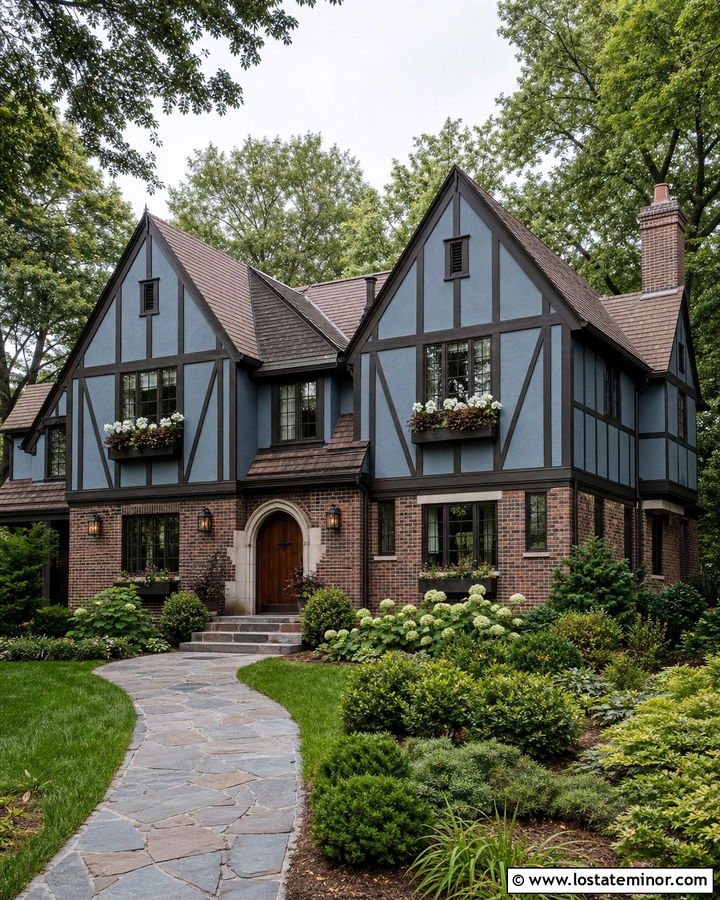 Dusty Blue Tudor With Dark Wood Window Boxes - 30 Dusty Blue House Design With Window Boxes Ideas