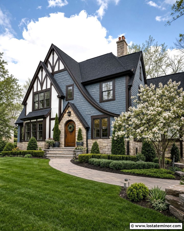 Dusty Blue Tudor With Decorative Shingles - 30 Dusty Blue House Design With Shingles Ideas