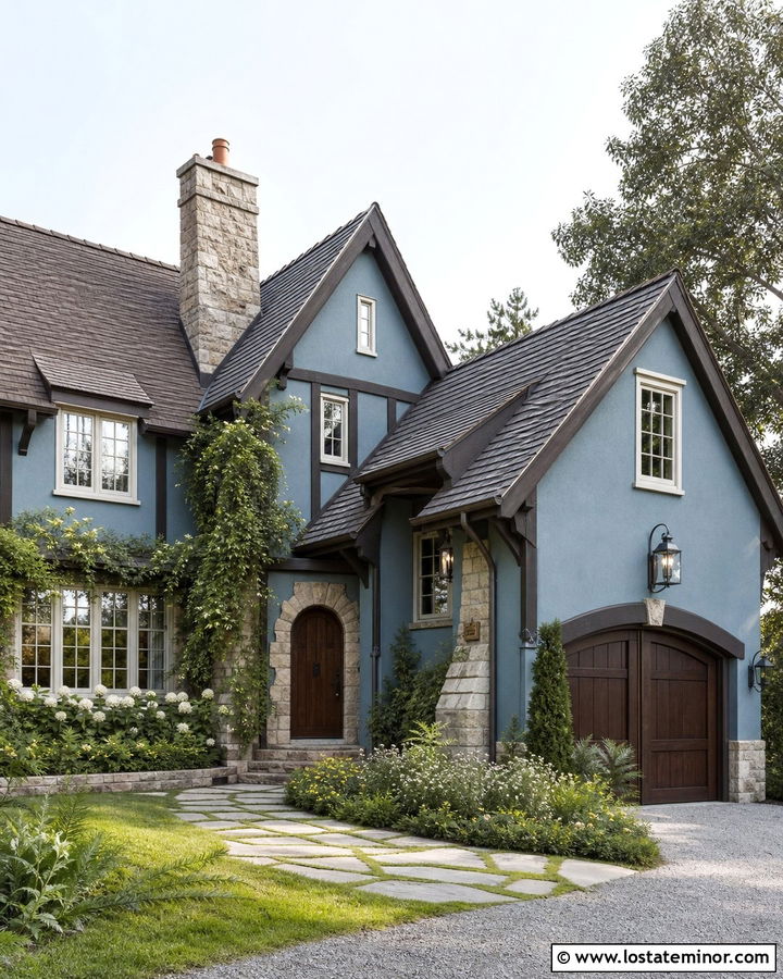 Dusty Blue Tudor With Iron Lanterns - 30 Dusty Blue House Design With Light Fixtures Ideas