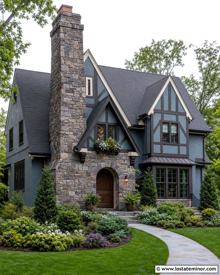 Dusty Blue Tudor With Stone Chimney - 30 Dusty Blue House Design With Stone Accents Ideas
