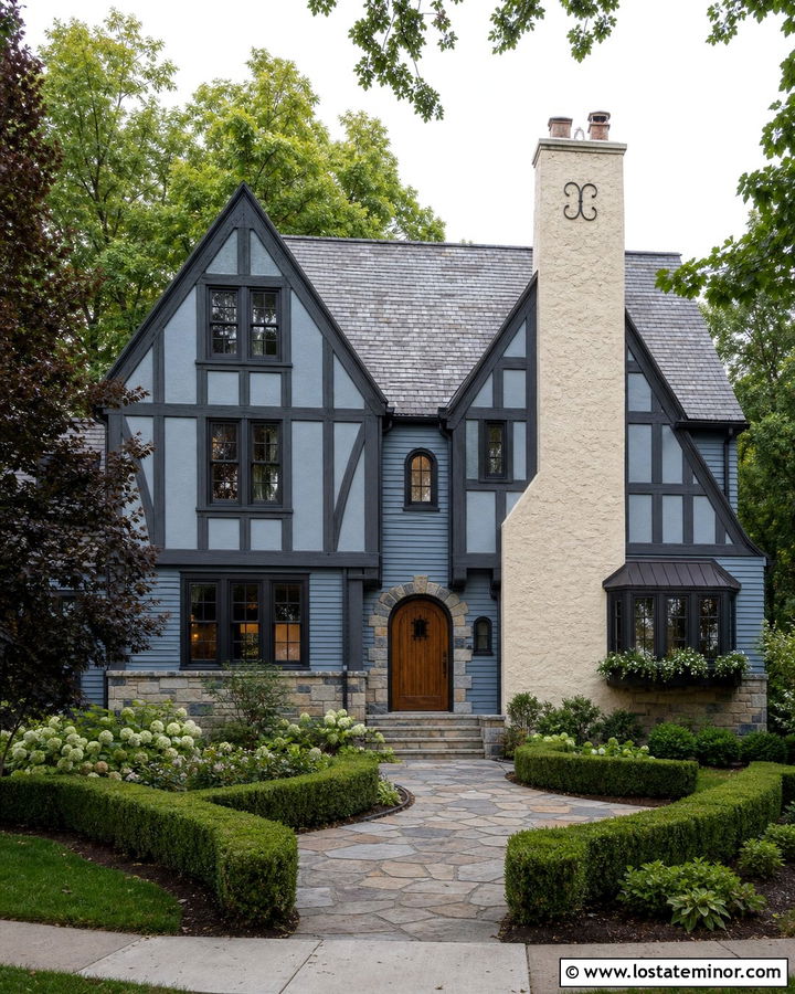 Dusty Blue Tudor With Stucco Chimney - 30 Dusty Blue House Design With Chimney Ideas